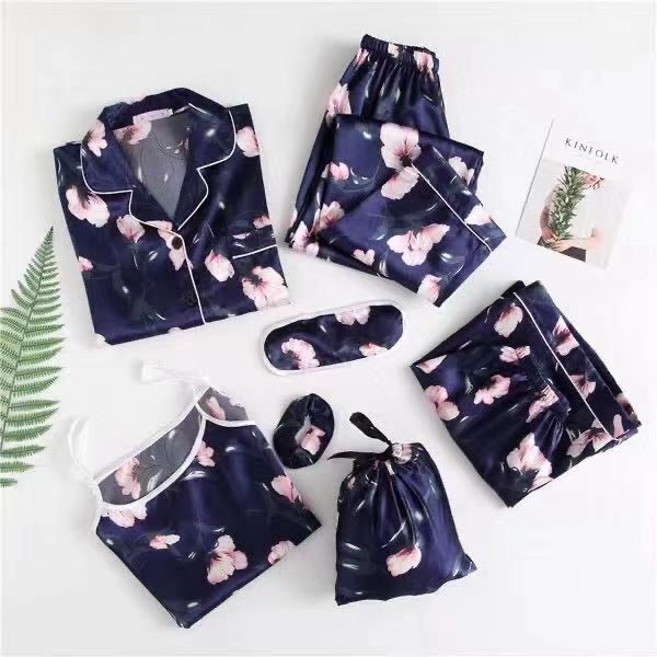 Pleasing Strings Women's Pyjamas Set 7pcs Silk Satin Loungewear Cami Shirt Pj Set
