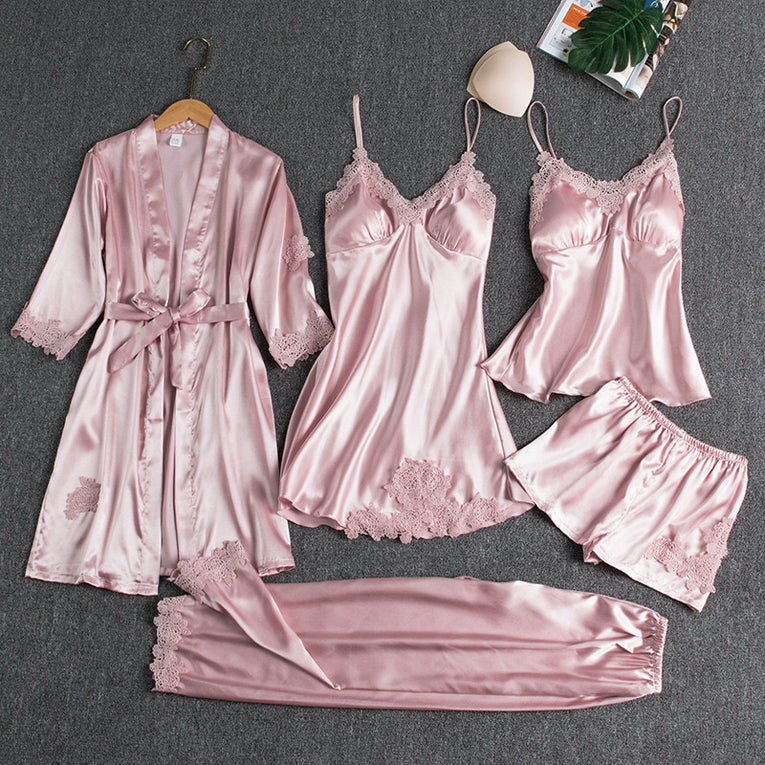 Pleasing Strings Women Cami Short Pyjamas with Robe 5 Pc Set