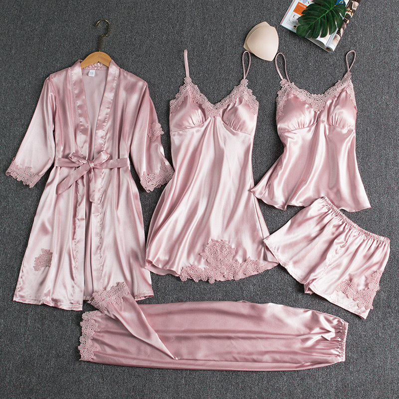 Pleasing Strings Women Cami Short Pyjamas with Robe 5 Pc Set