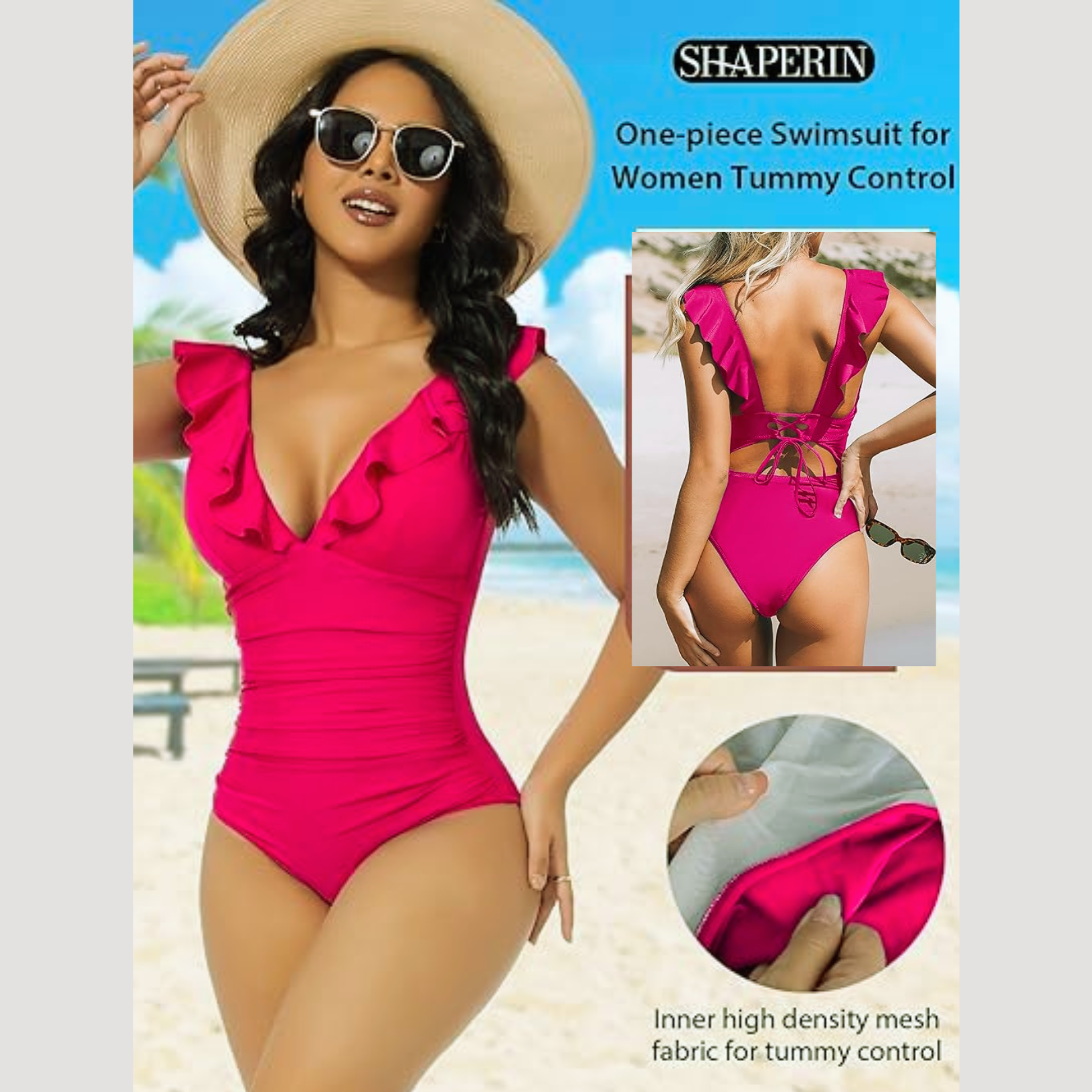 Pleasing Strings Women's Ruffled One Piece Swimsuit V Neck Lace Up