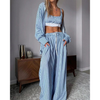 Women Blue Stripe Ease Wide Leg 3-Piece Co-ord Set | Loose Style Co-ord Set