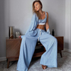 Women Blue Stripe Ease Wide Leg 3-Piece Co-ord Set | Loose Style Co-ord Set
