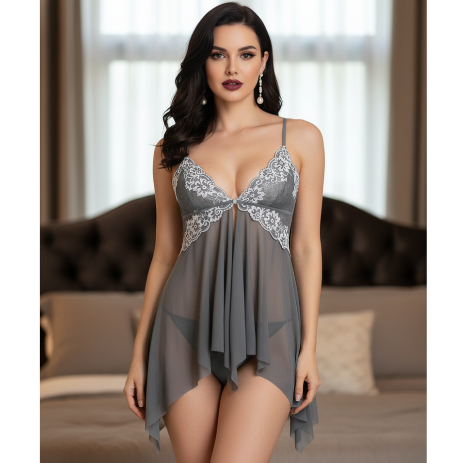 Pleasing Strings Women Lace Lingerie Front Closure Babydoll V Neck Chemise Nightwear