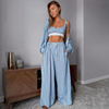 Women Blue Stripe Ease Wide Leg 3-Piece Co-ord Set | Loose Style Co-ord Set