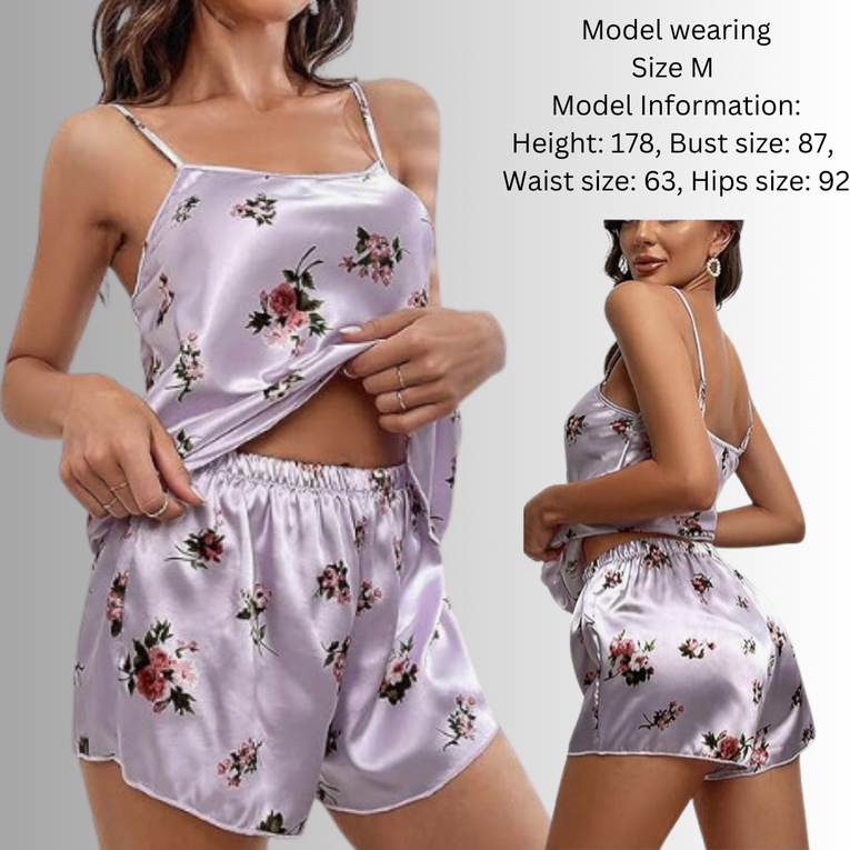 Pleasing Strings Women's Floral Print Satin Cami Top with Shorts Pj Set