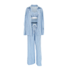 Women Blue Stripe Ease Wide Leg 3-Piece Co-ord Set | Loose Style Co-ord Set