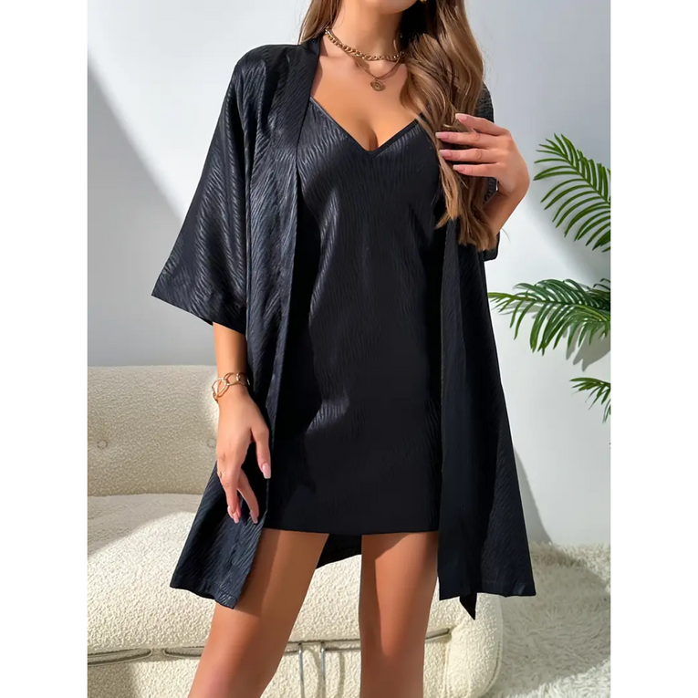 Pleasing Strings Women's Silk Satin Textured Short Gown with Robe Set
