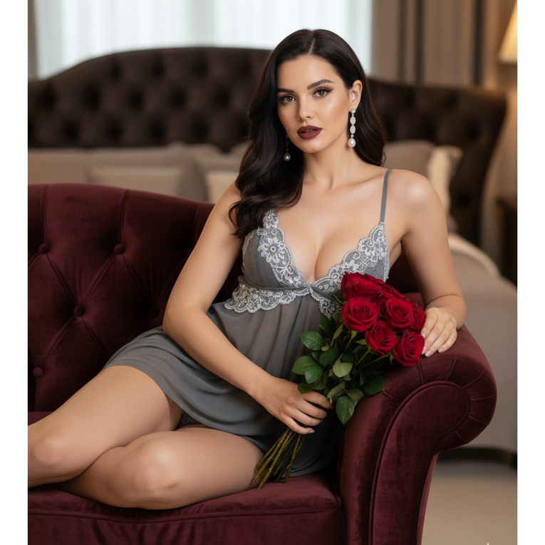 Pleasing Strings Women Lace Lingerie Front Closure Babydoll V Neck Chemise Nightwear