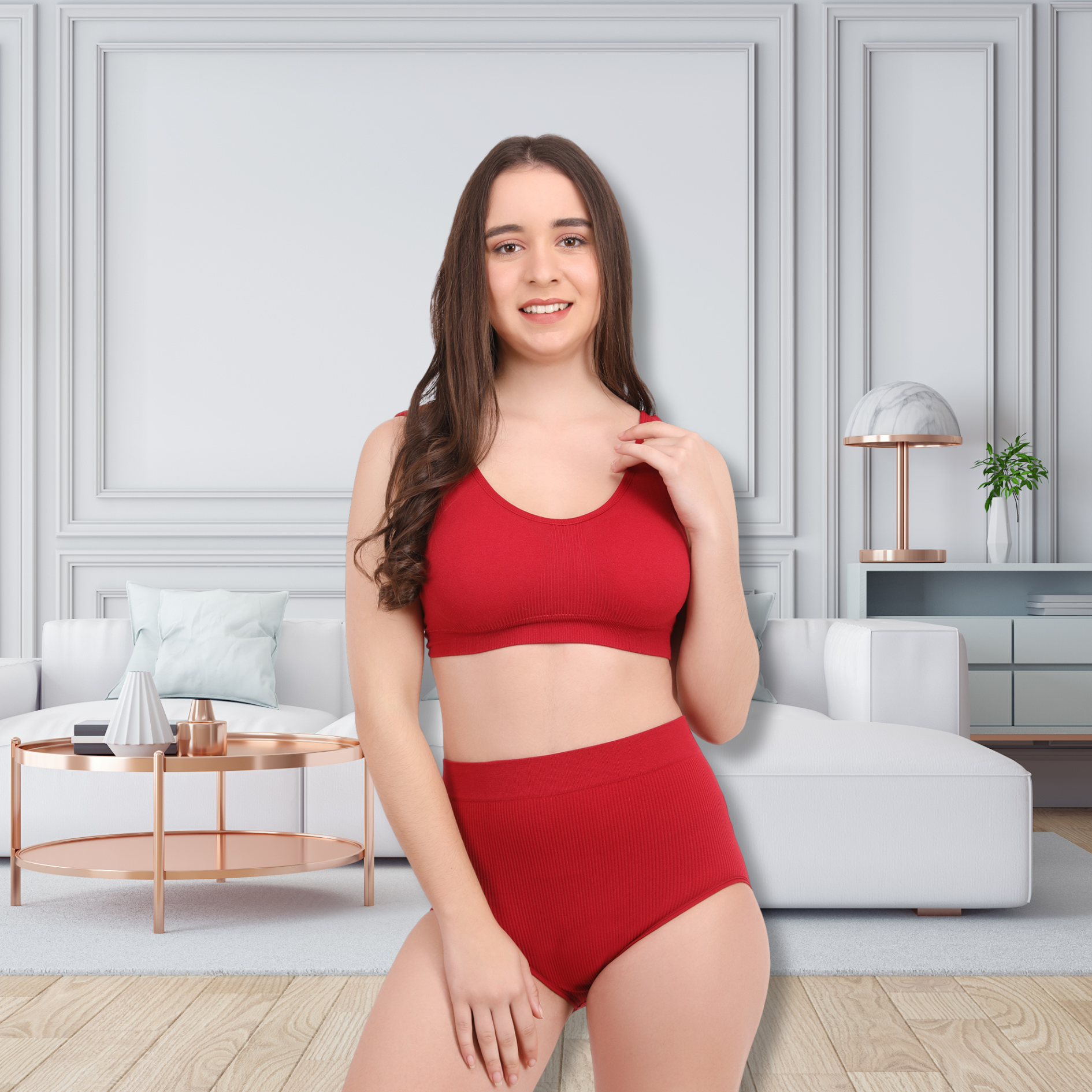 Pleasing Strings Women's Wireless Ribbed Knit Bra & Panty Set
