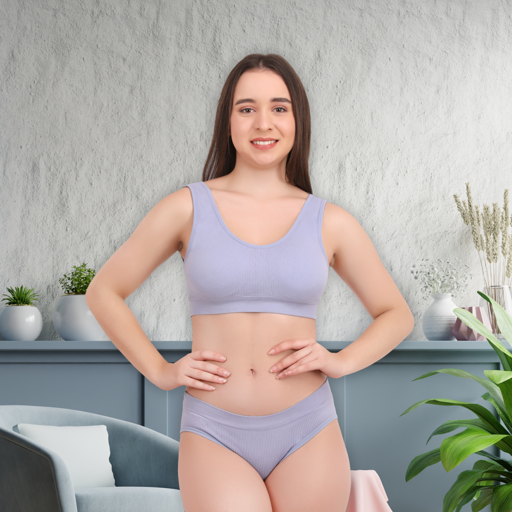 Pleasing Strings Women's Wireless Ribbed Knit Bra & Panty Set