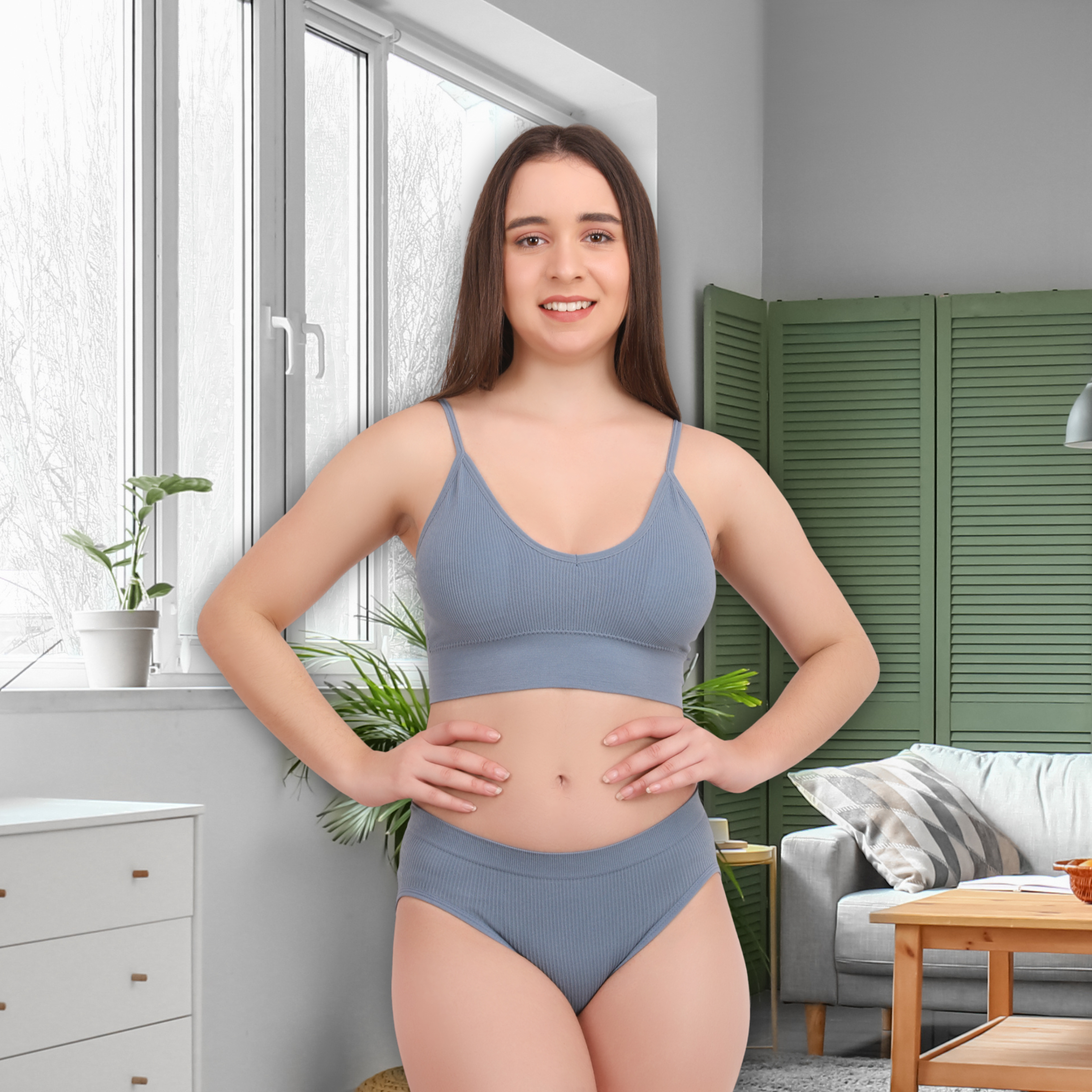 Pleasing Strings Women's Wireless Ribbed Knit Bra & Panty Set