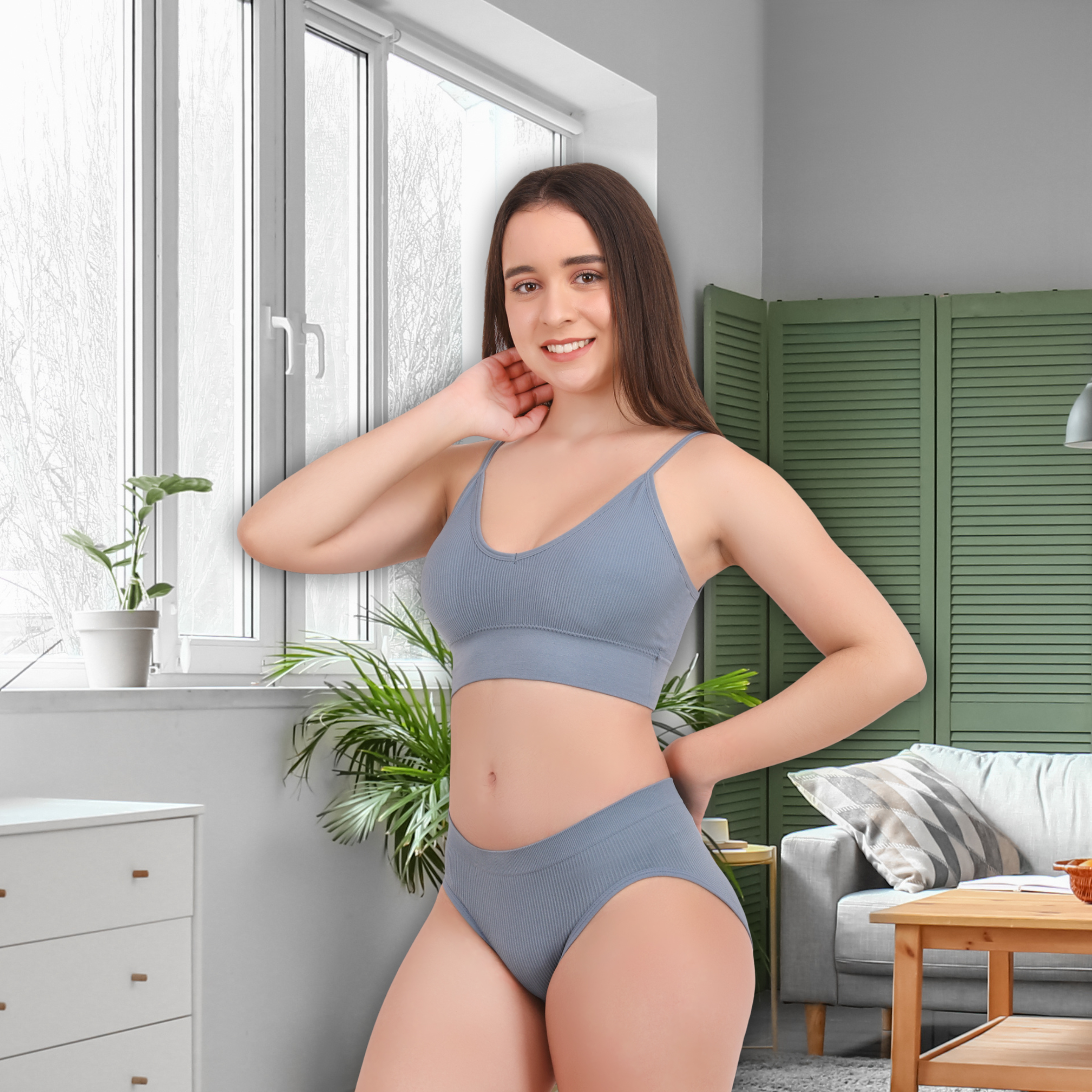 Pleasing Strings Women's Wireless Ribbed Knit Bra & Panty Set