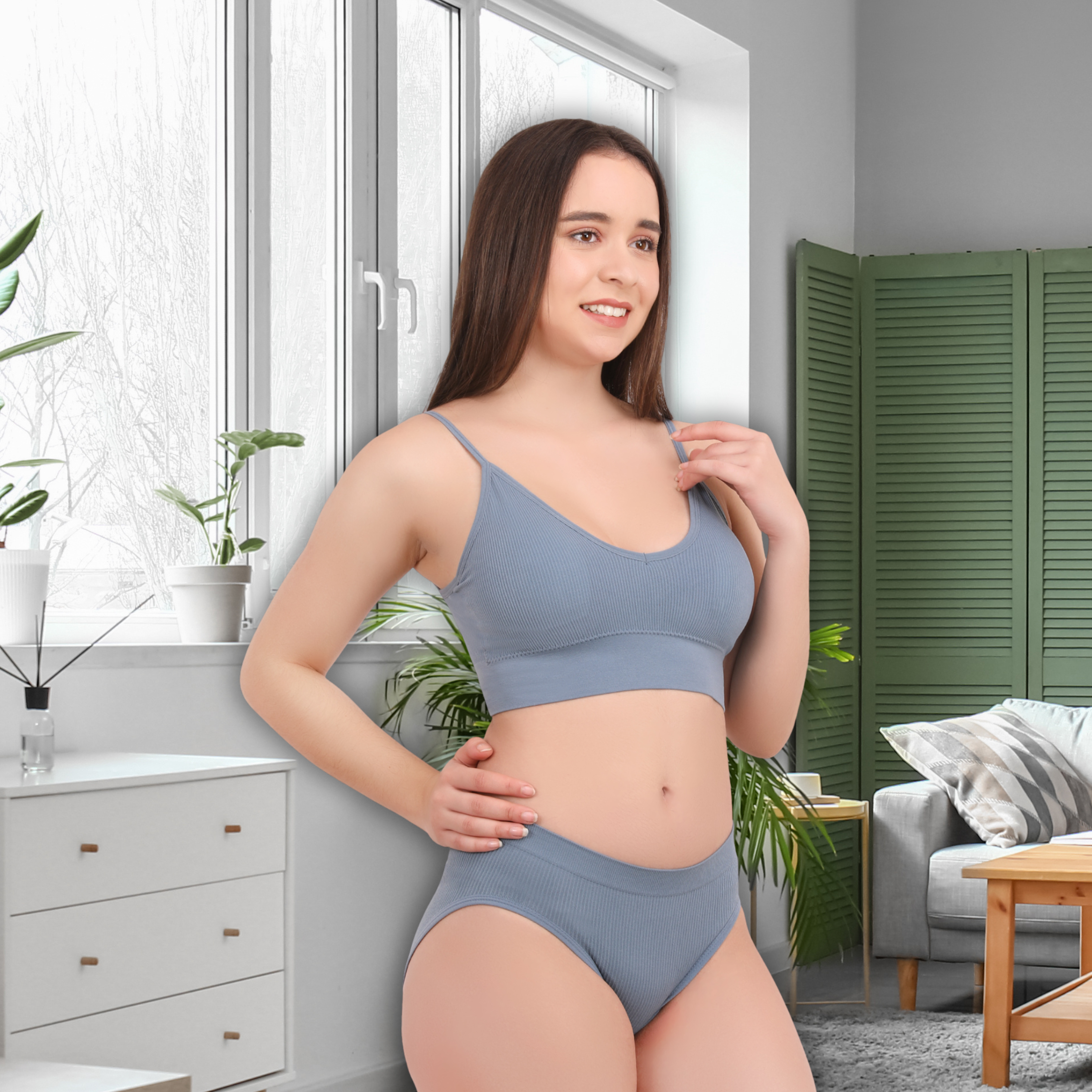 Pleasing Strings Women's Wireless Ribbed Knit Bra & Panty Set