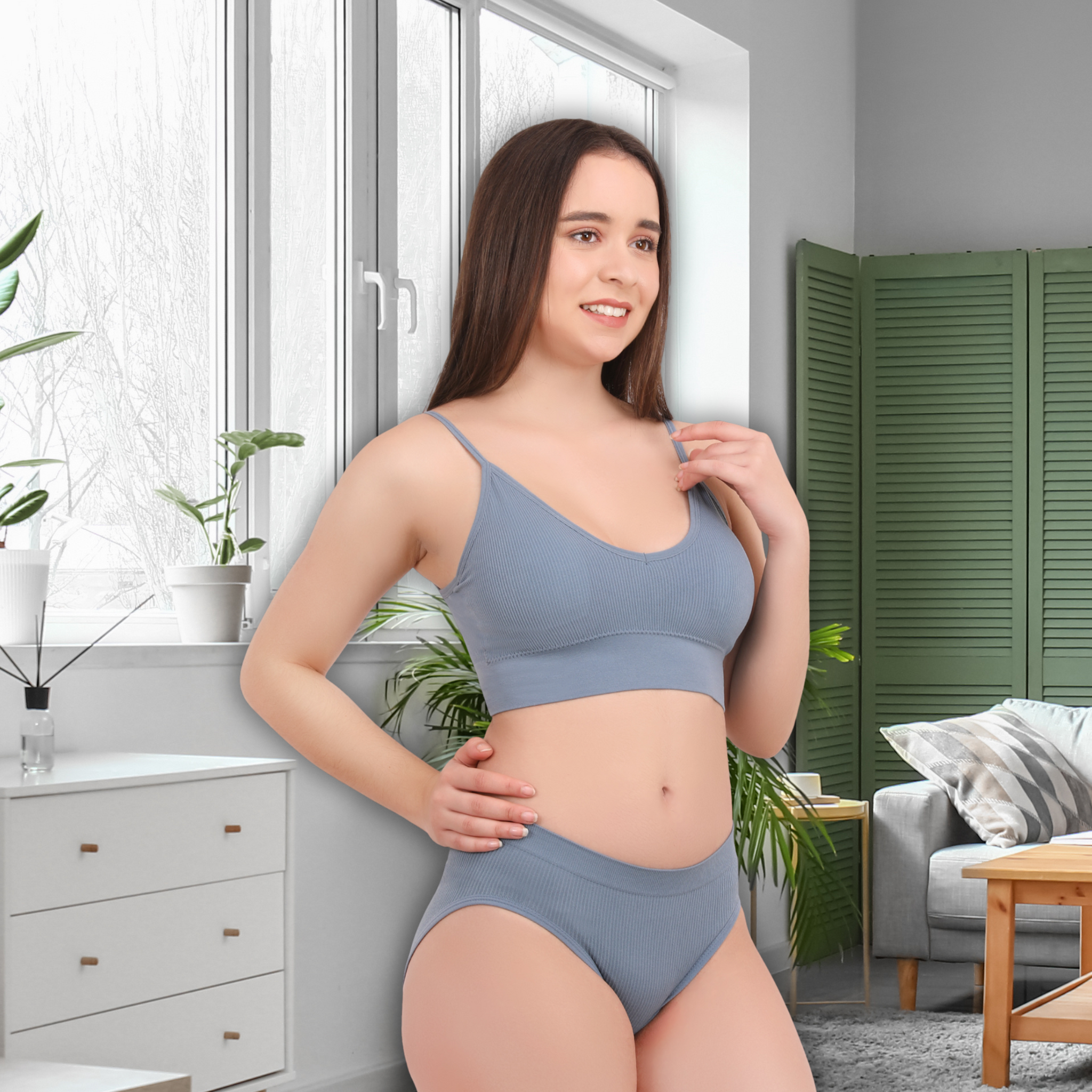 Pleasing Strings Women's Wireless Ribbed Knit Bra & Panty Set
