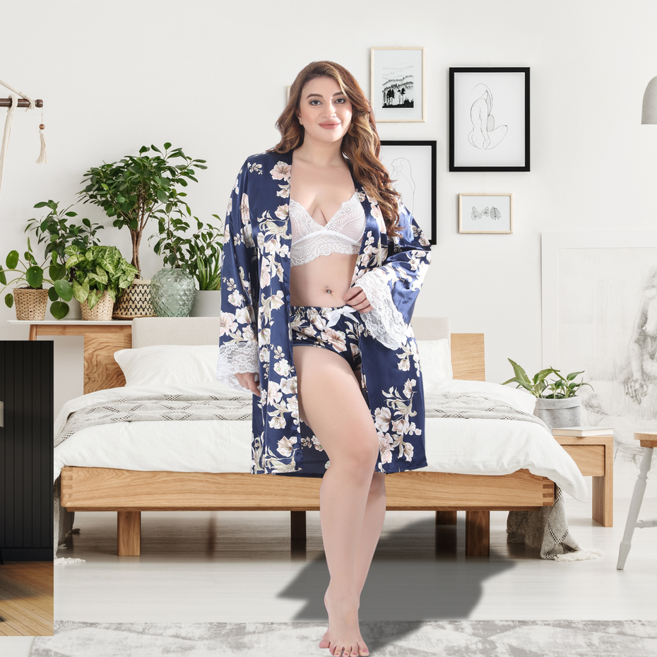 Pleasing Strings Blue Floral Printed Robe with White Lacy Bra & Ruffle Shorts Set for Women