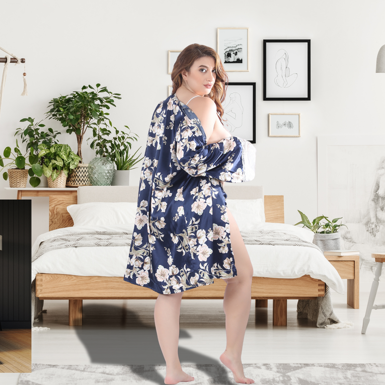 Pleasing Strings Blue Floral Printed Robe with White Lacy Bra & Ruffle Shorts Set for Women
