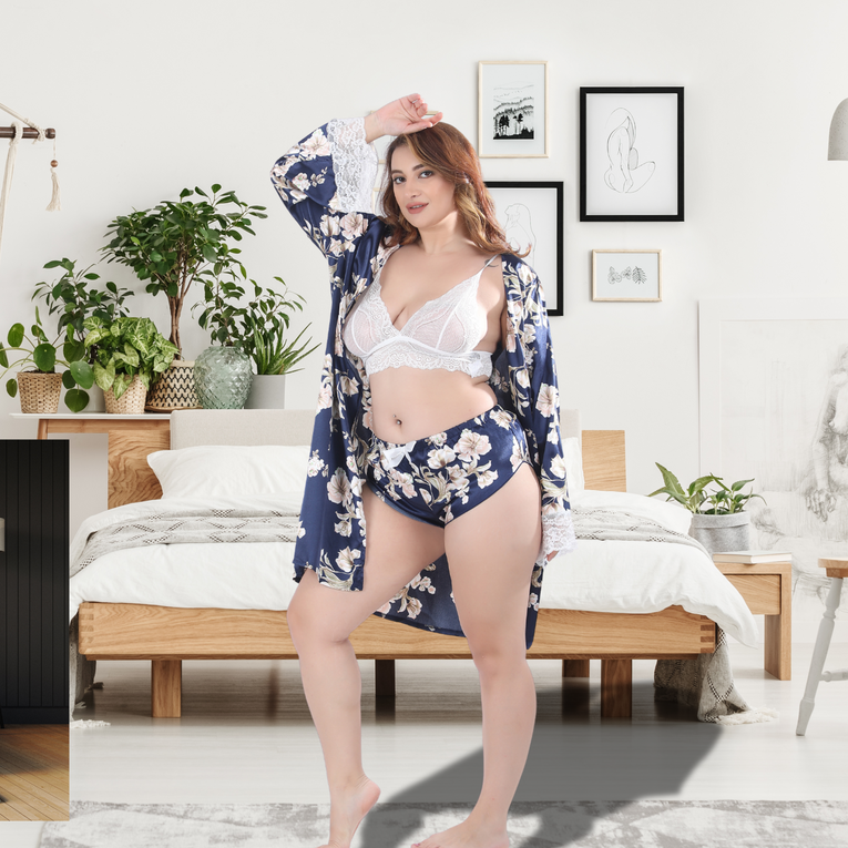 Pleasing Strings Blue Floral Printed Robe with White Lacy Bra & Ruffle Shorts Set for Women