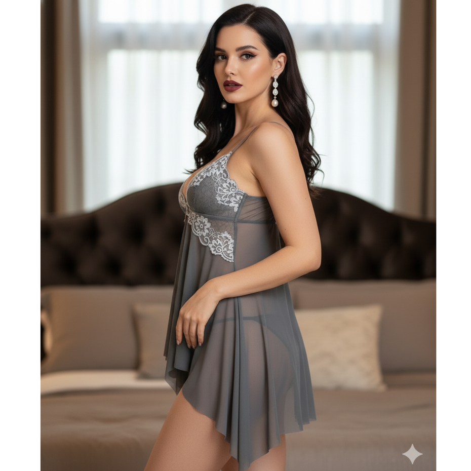 Pleasing Strings Women Lace Lingerie Front Closure Babydoll V Neck Chemise Nightwear