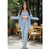 Women Blue Stripe Ease Wide Leg 3-Piece Co-ord Set | Loose Style Co-ord Set