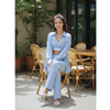 Women Blue Stripe Ease Wide Leg 3-Piece Co-ord Set | Loose Style Co-ord Set