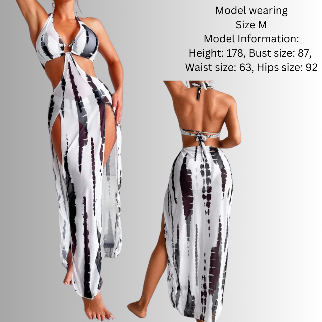 Pleasing Strings Tie Dye with Halter Neck & High Thigh Slit Cutout 3pc Swimsuit for Women