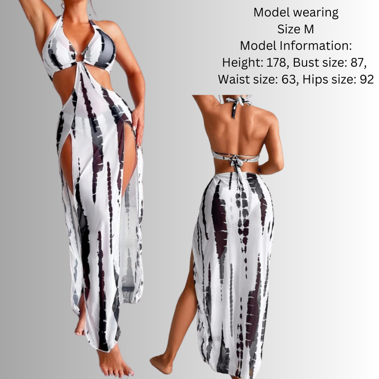Pleasing Strings Tie Dye with Halter Neck & High Thigh Slit Cutout 3pc Swimsuit for Women