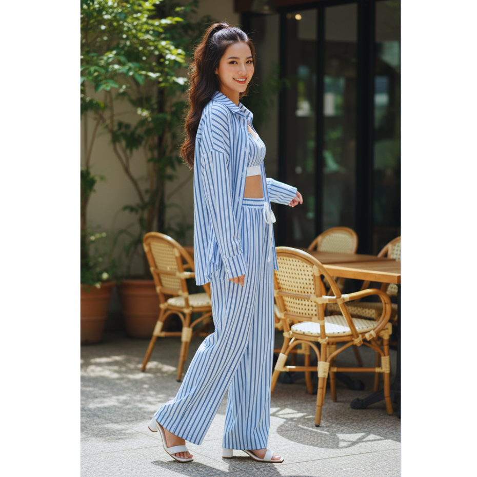 Women Blue Stripe Ease Wide Leg 3-Piece Co-ord Set | Loose Style Co-ord Set