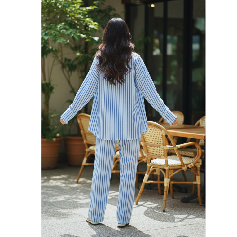 Women Blue Stripe Ease Wide Leg 3-Piece Co-ord Set | Loose Style Co-ord Set