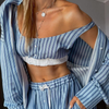 Women Blue Stripe Ease Wide Leg 3-Piece Co-ord Set | Loose Style Co-ord Set