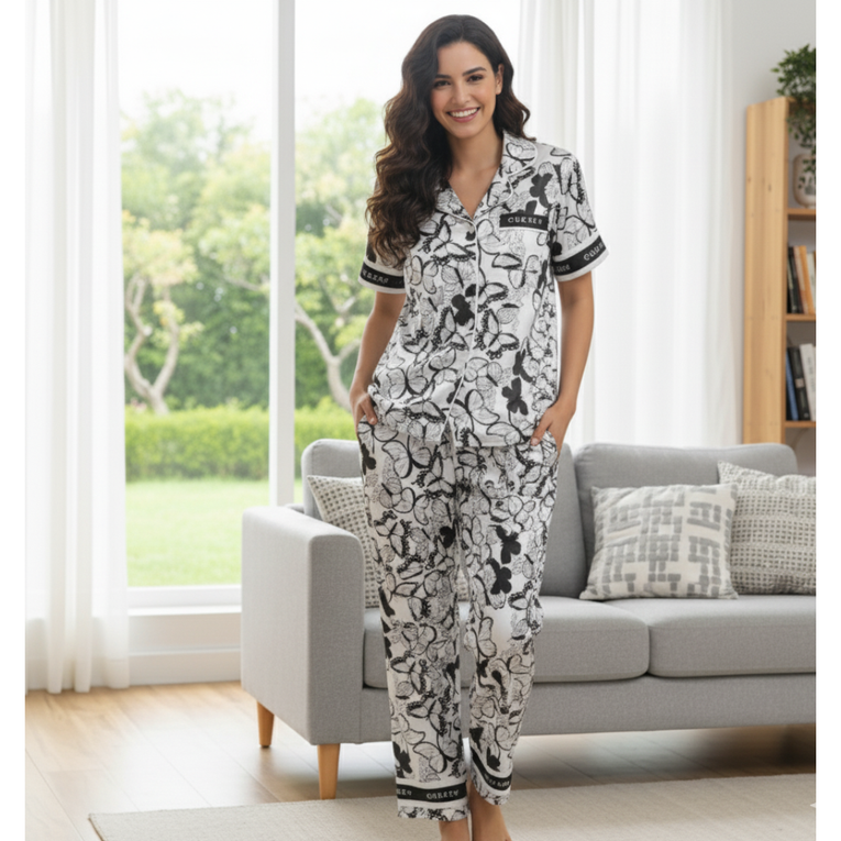 Pleasing Strings Women's Silk Satin Half Sleeve Button Down Pyjamas Set Loungewear