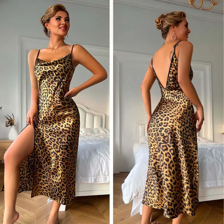 Pleasing Strings Women's Silk Satin Cowl Neck Split Thigh Dress Nightwear