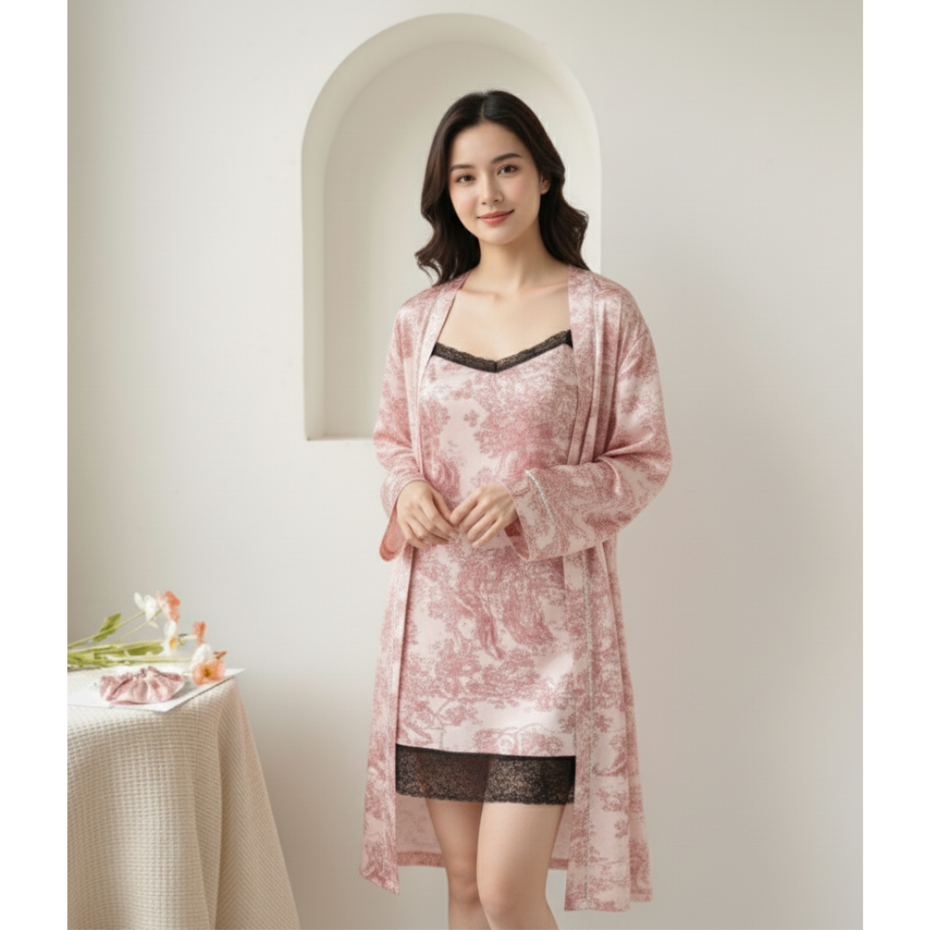 Pleasing Strings Women's 2pc Red Toile Print Satin Robe Set with Matching Scrunchy