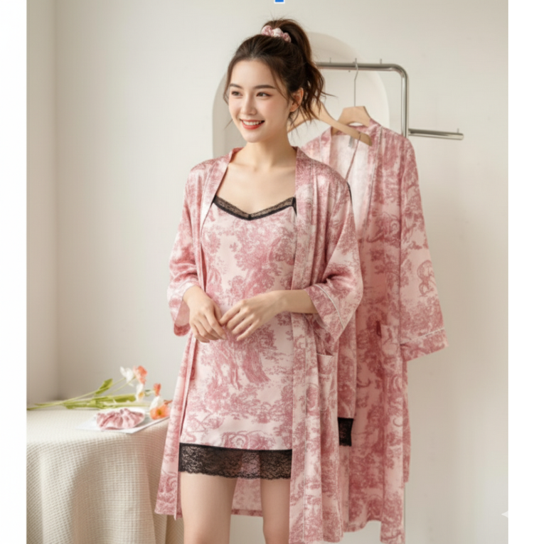 Pleasing Strings Women's 2pc Red Toile Print Satin Robe Set with Matching Scrunchy
