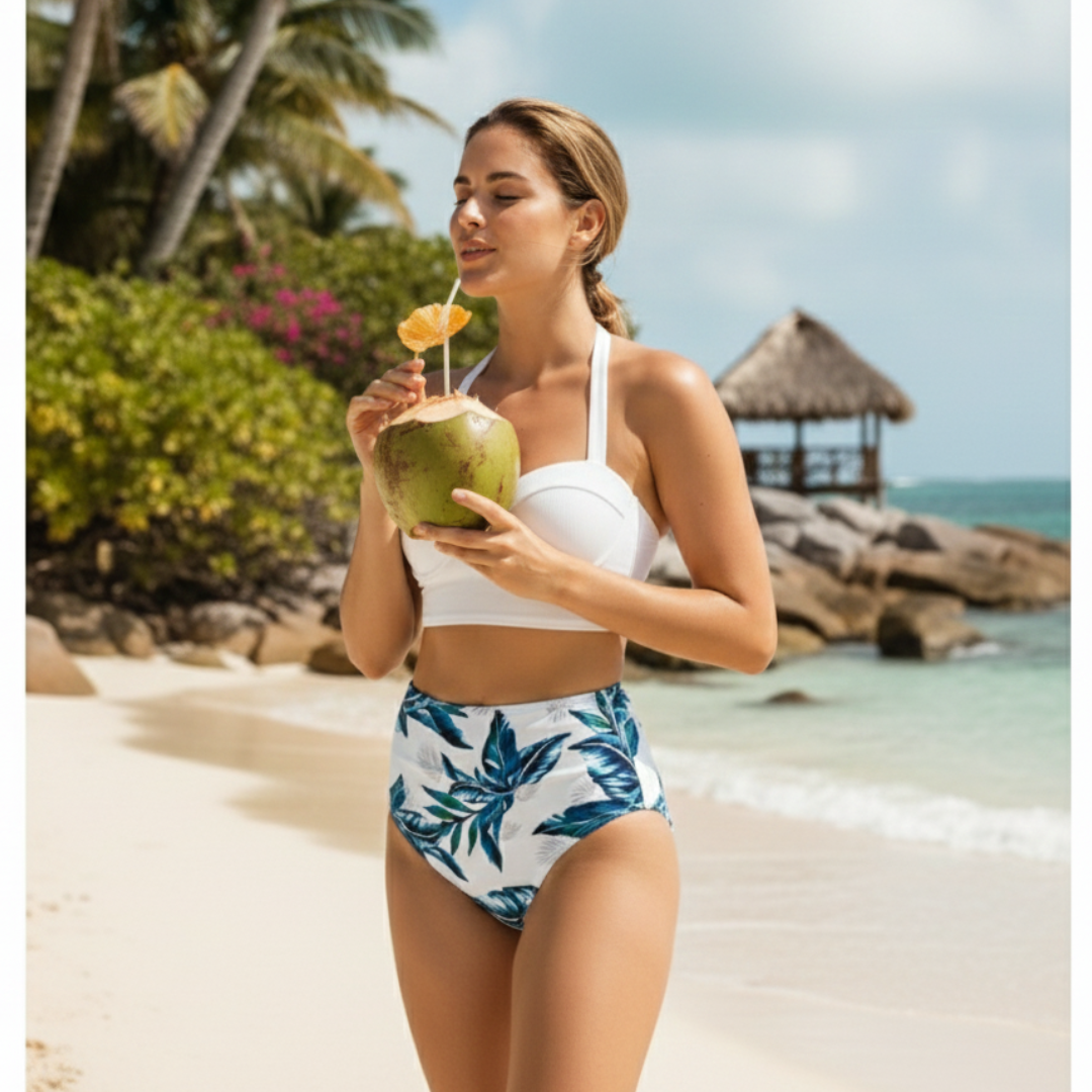 Pleasing Strings Women 2pcs Vintage Swimsuit Halter Neck with Ruched High Waist Bottom