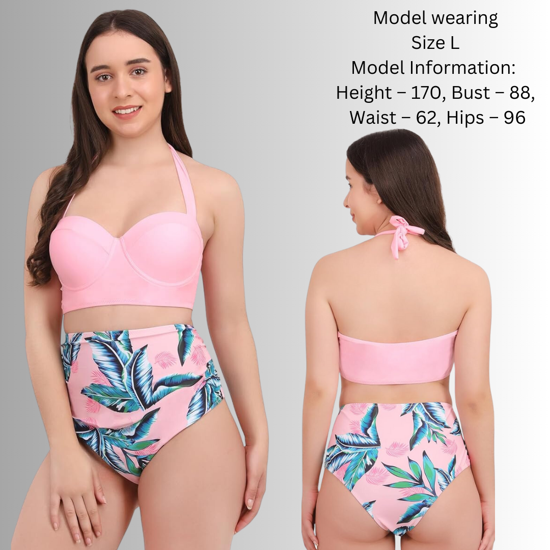Pleasing Strings Women 2pcs Vintage Swimsuit Halter Neck with Ruched High Waist Bottom