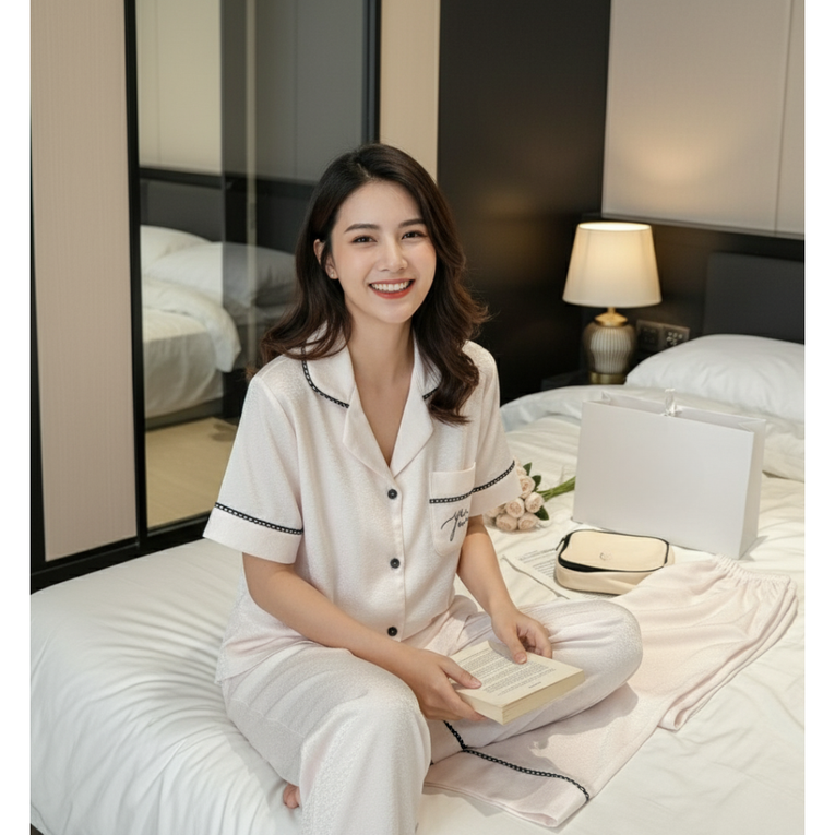 Pleasing Strings Women's Silk Satin Collared Half Sleeve Button Down Pj Set Loungewear