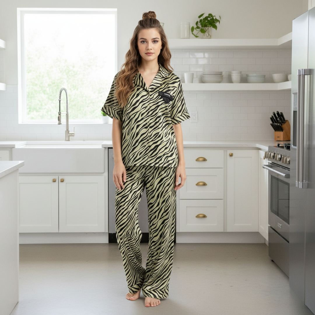 Pleasing Strings Women's 3pcs Green Silk Satin Tiger Print PJ Set