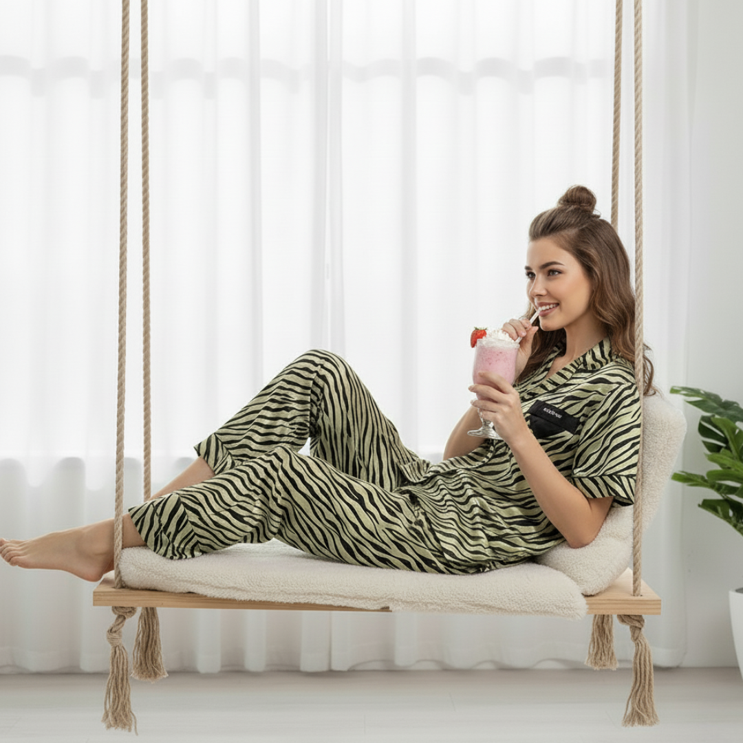 Pleasing Strings Women's 3pcs Green Silk Satin Tiger Print PJ Set