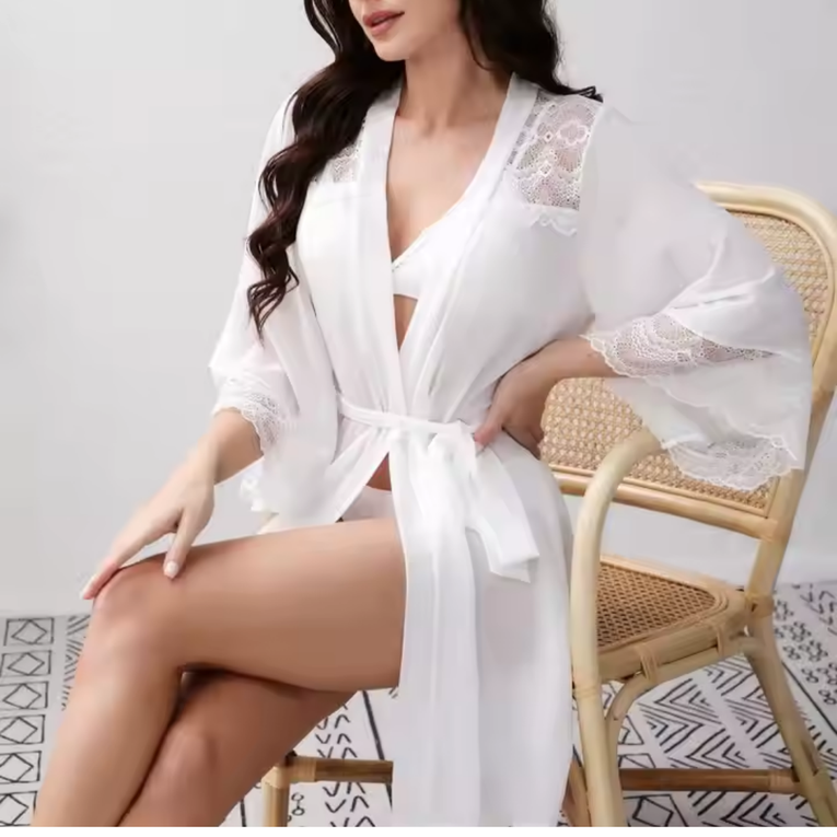 Pleasing Strings Lace Sheer 3/4 Sleeve Belted Robe