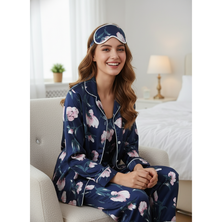 Pleasing Strings Women's Pyjamas Set 7pcs Silk Satin Loungewear Cami Shirt Pj Set