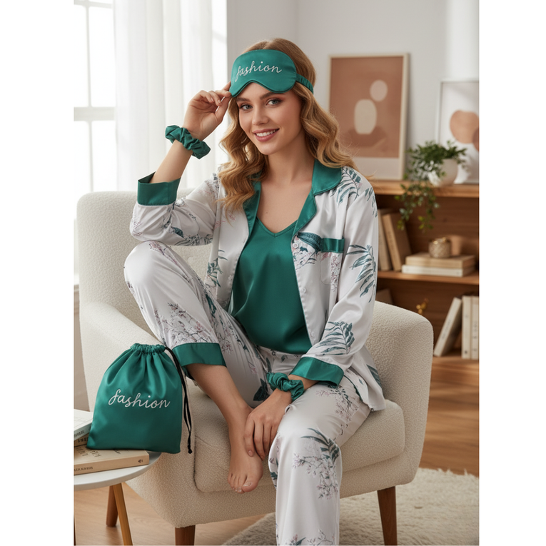 Pleasing Strings Women's Pyjamas Set 7pcs Silk Satin Loungewear Cami Shirt Pj Set