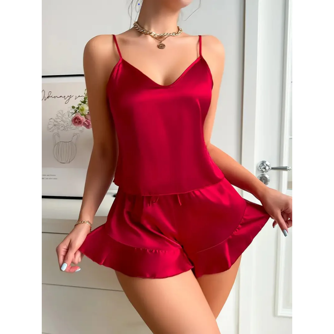 Pleasing Strings 3pcs Satin Cami Top and Shorts with Robe Sleepwear for Women