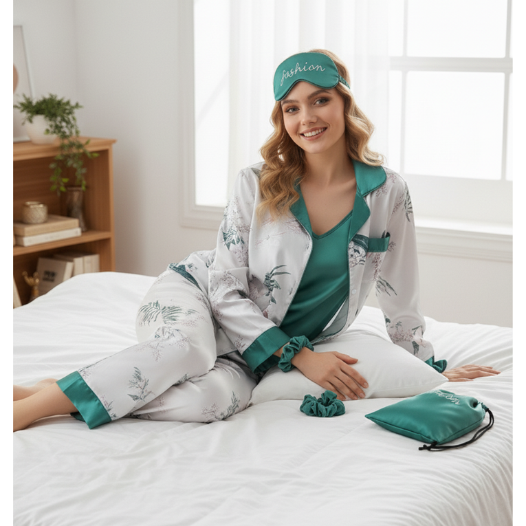 Pleasing Strings Women's Pyjamas Set 7pcs Silk Satin Loungewear Cami Shirt Pj Set