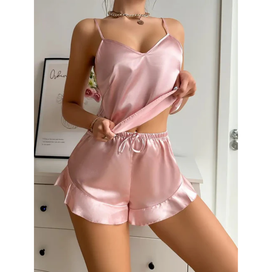 Pleasing Strings 3pcs Satin Cami Top and Shorts with Robe Sleepwear for Women