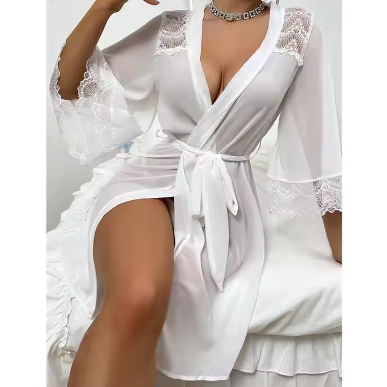 Pleasing Strings Lace Sheer 3/4 Sleeve Belted Robe