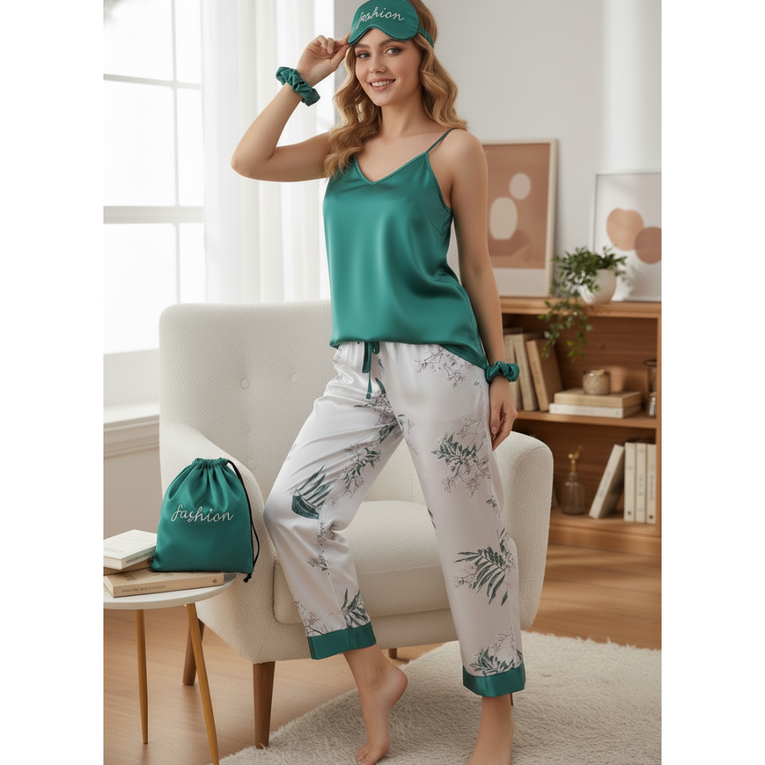 Pleasing Strings Women's Pyjamas Set 7pcs Silk Satin Loungewear Cami Shirt Pj Set