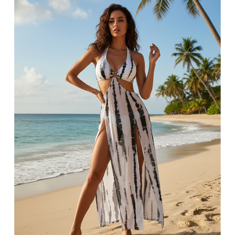Pleasing Strings Tie Dye with Halter Neck & High Thigh Slit Cutout 3pc Swimsuit for Women