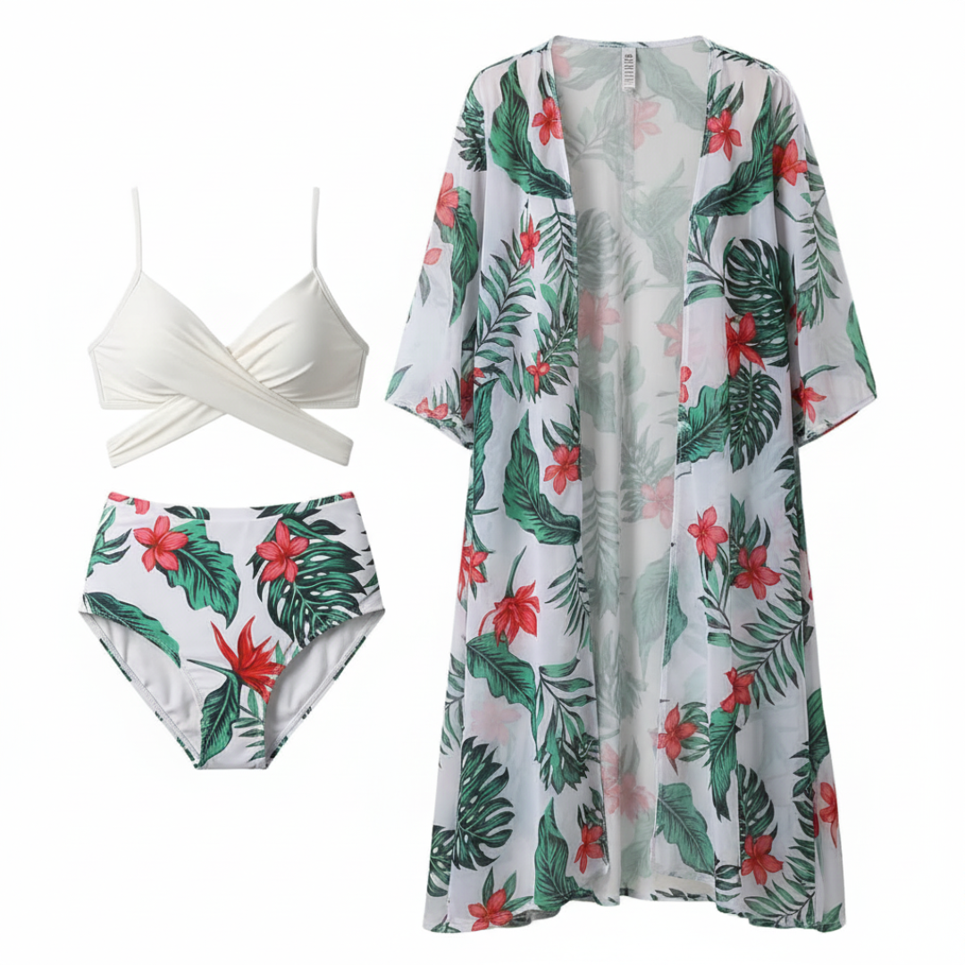 Pleasing Strings Women's 3Pcs Floral Print Bikini Cover Up Set