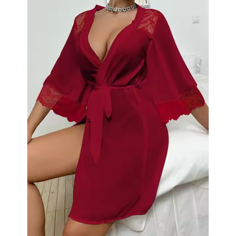 Pleasing Strings Lace Sheer 3/4 Sleeve Belted Robe