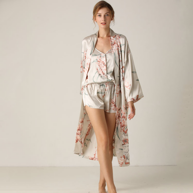 Pleasing Strings Women's 3pcs Silk Satin Floral Print Button Down Cami Top & Shorts with Robe Set